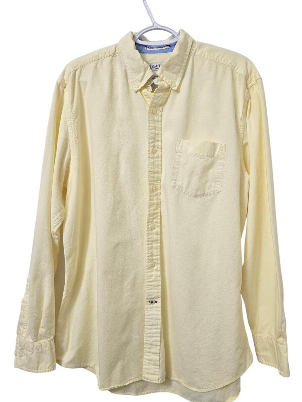 Nautica Men's L Yellow Oxford Button Down Shirt Long Sleeve Cotton Blue Trim